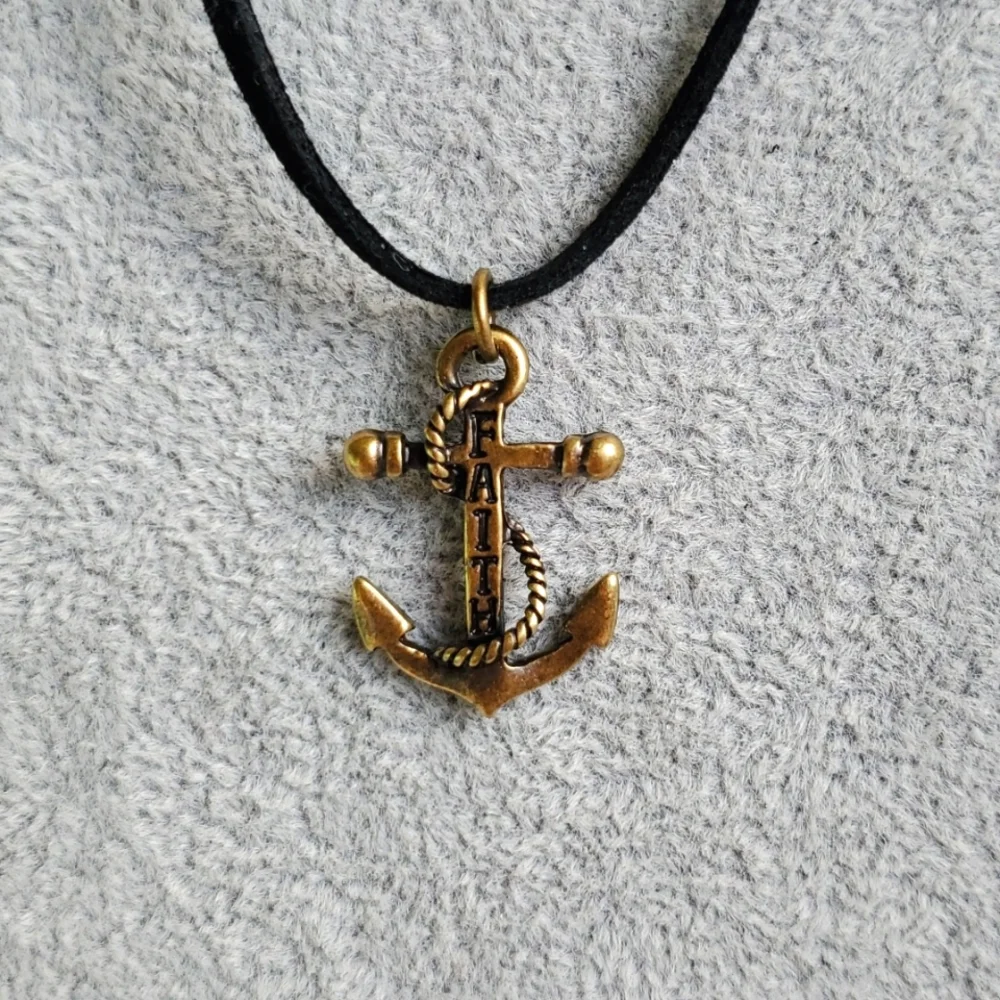 Mens Faith brass anchor charm black suede necklace - Picture 3 of 4